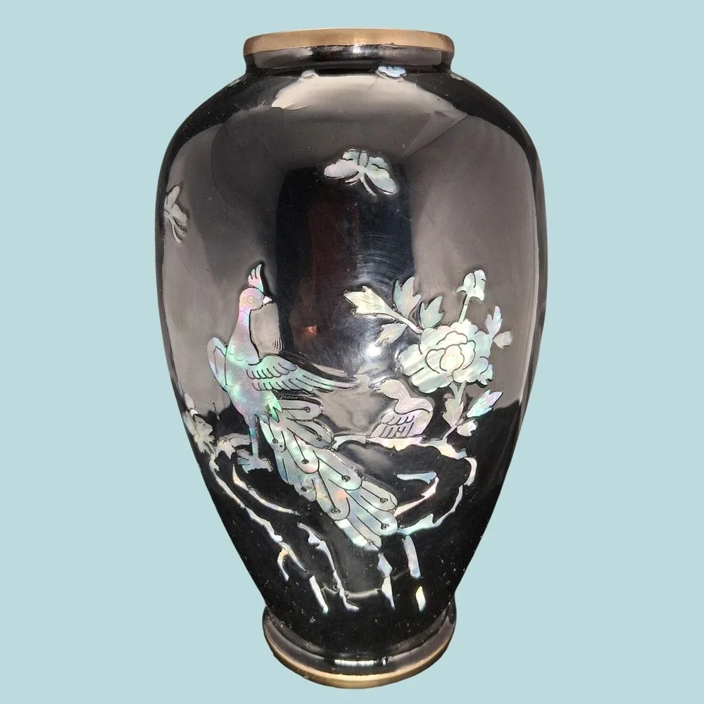 Vintage Brass, Black Enamel Mother of Pearl Inlay Peacock Vase Brass Trim 7.25in